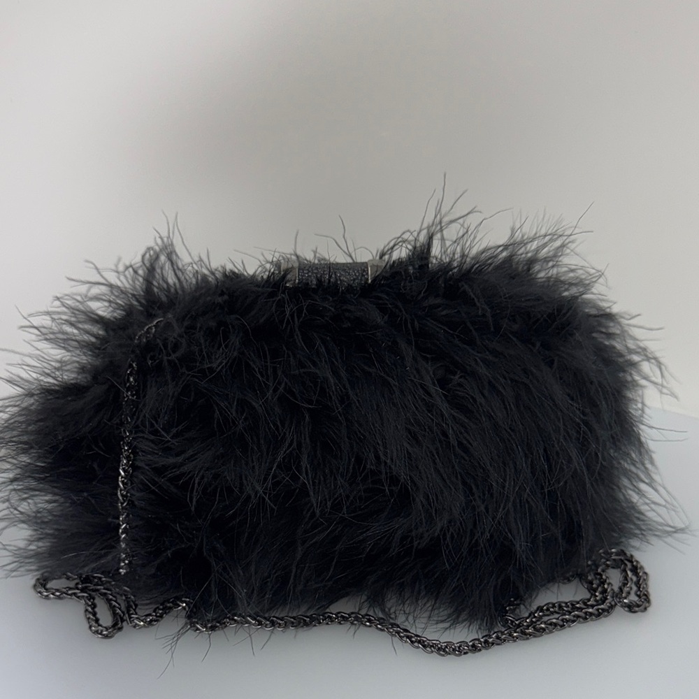 Black Faux Fur Evening Clutch with Chain Strap